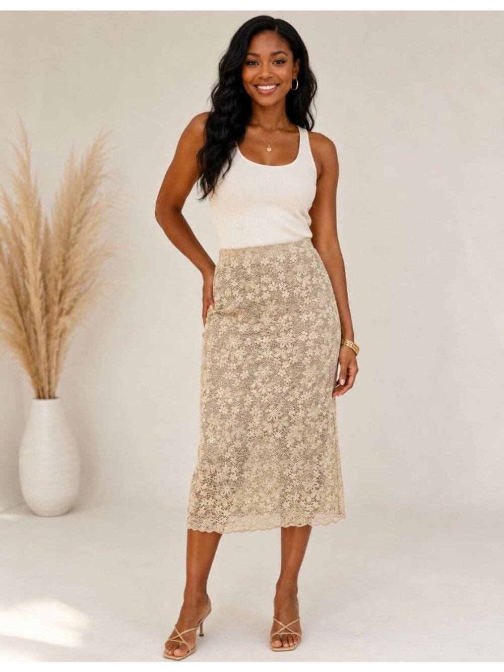 RSQ Lace Midi Skirt Beige Floral Women's Size M
